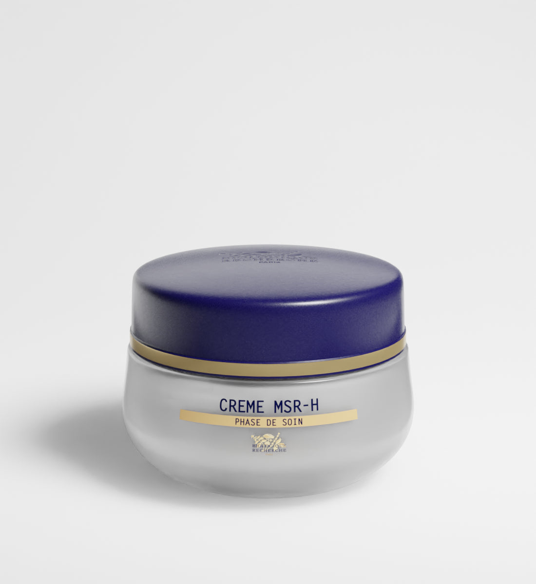 Jar of Crème MSR-H with a blue lid on a light gray background