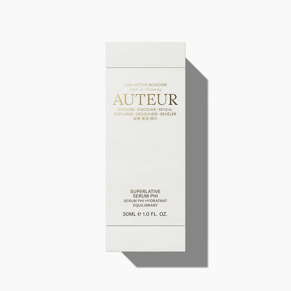 
                  
                    Superlative Serum Phi Auteur skincare product packaging on a white background
                  
                